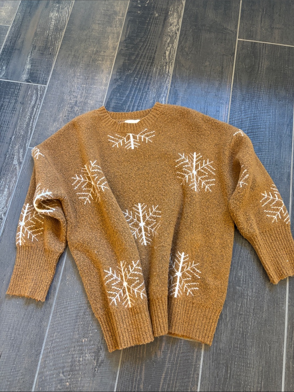 Dreamers Brown Crewneck Sweater with White Snowflakes